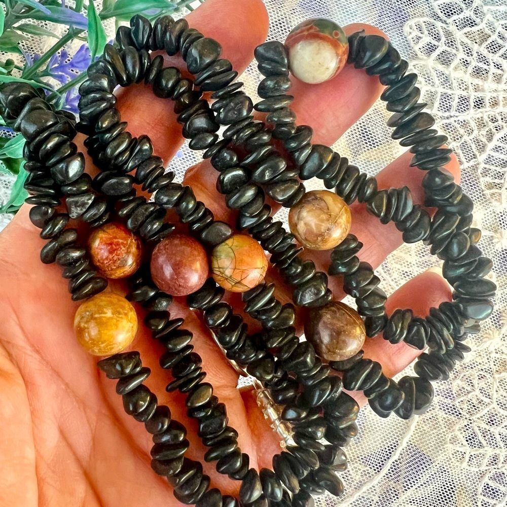 Vintage Natural Raw Black Onyx Chalcedony & Red Creek Jasper Necklace 39” - Picture 2 of 12